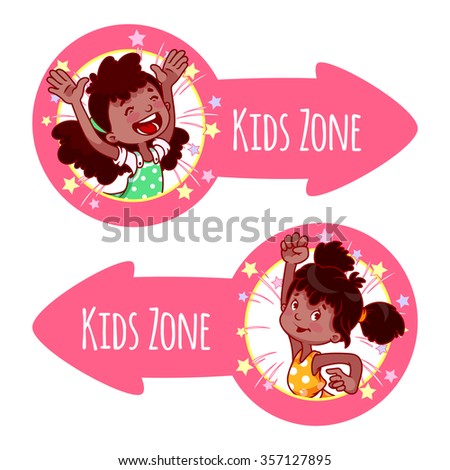 Two pointer for "Kids Zone" in the form of pink arrows. Banners with portraits of happy children. Vector clip-art illustration on a white background.