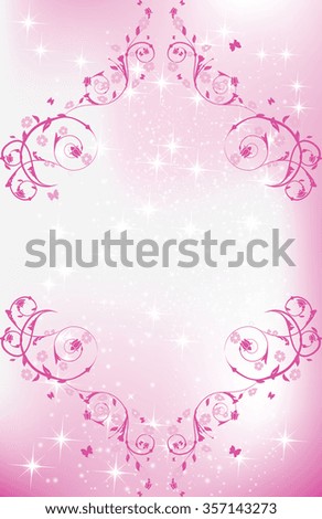 Pink floral decoration background, also for print. Contains flower shapes, swirls, butterflies, stars. Print colors used; size of a greeting card. Can be used as wedding invitation, birthday card.