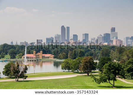 View of the Denver skyline across green park