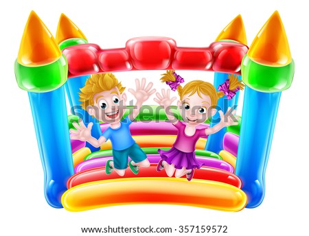 Cartoon boy and girl jumping on a bouncy castle 