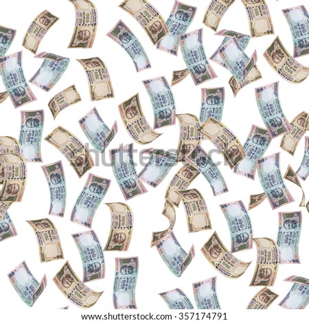 Indian currency notes falling from sky, over white background