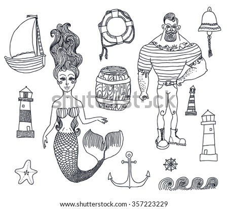Hand drawn sea icons cartoon set with sailor, lighthouse, mermaid, ship and other.