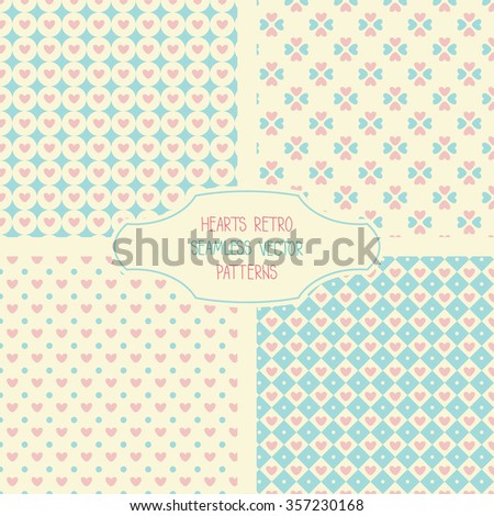 Four retro seamless vector hearts patterns. Can be used in web design, printed on fabric/paper, as a background, or as an element in a composition