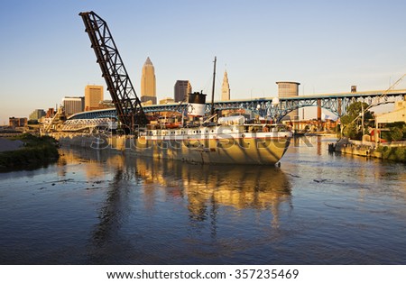 Large ship entering the port of Cleveland. Cleveland, Ohio, USA.