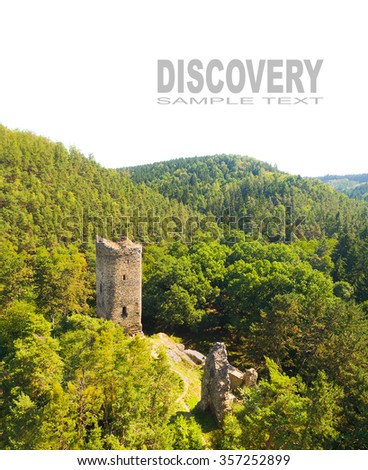 Aerial view of ancient ruins (gothic castle Libstejn) in a deep forest. Discovery landmarks from drone. Czech Republic, Europe. Picture with space for your text.