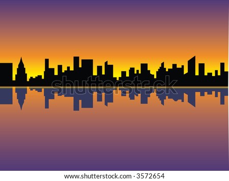 A silhouette illustration of the Manhattan skyline reflected in the East River at sunset. Vector format also available.
