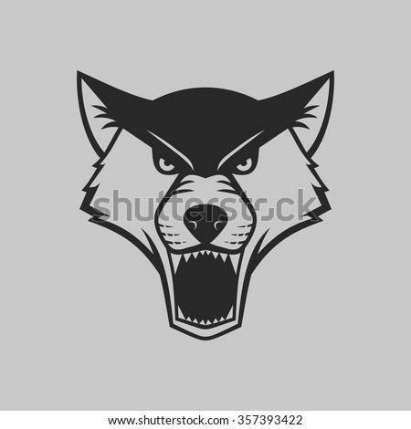 The wolf bares its teeth. Animal head logo or icon in one color. Vector illustration.