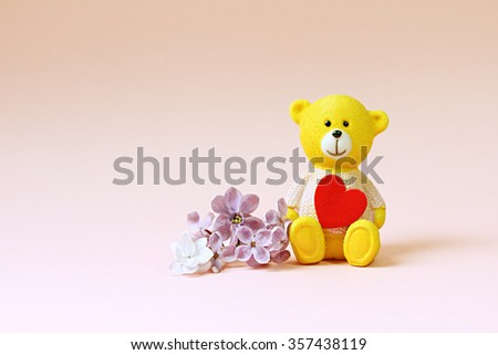 Cute Bear and lilac flower. Background for valentine. Cards, invitations, congratulations.