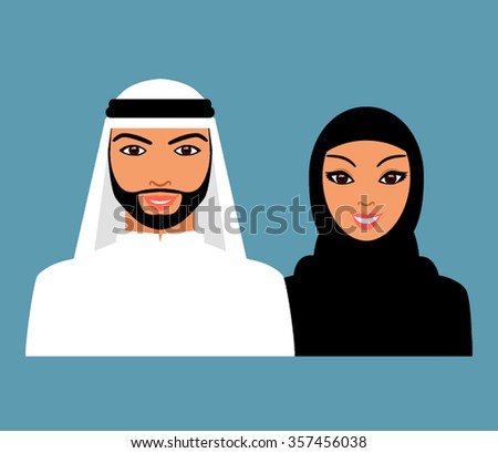 Portrait of a Muslim Arab family in traditional dress. Flat vector illustration
