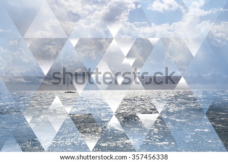 Abstract sea geometric background with triangles, water waves, cumulus clouds and boat. Op art. Reality is an illusion