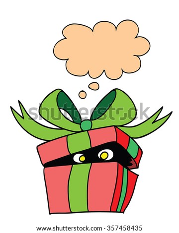 Funny monster in gift box - surprise delivery vector illustration. Red present box with  green ribbon bow and talk bubble - something with yellow eyes inside. Retro cartoon character, cute and funny.