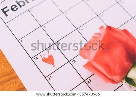 rose on the calendar with the date of February 14 Valentine's day - sweety effect picture style