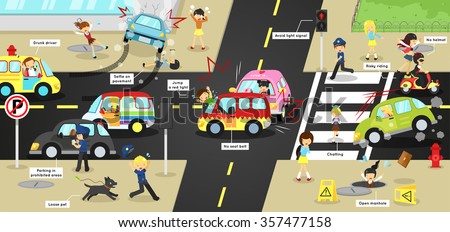 Infographic accidents, injuries, danger and safety on traffic road vehicles cause by cars bicycle and careless people on city street with sign and symbol in cute funny cartoon concept for kid (vector) Royalty-Free Stock Photo #357477158