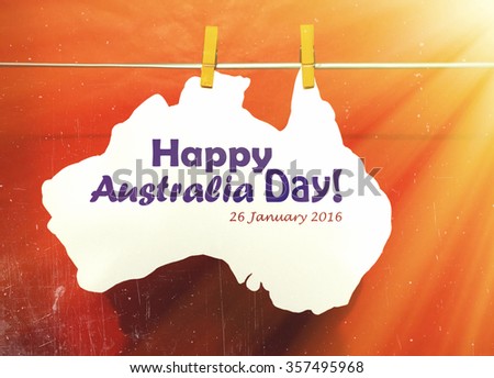 Celebrate Australia Day holiday on January 26 with a Happy Australia Day message greeting written across white Australian maps (red  heart) and flag hanging pegs on   red background. Toned collage