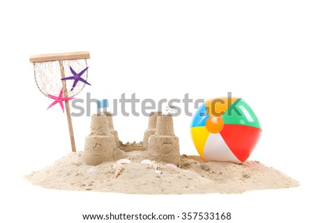 Beach with sand, fishing net and toys isolated over white background