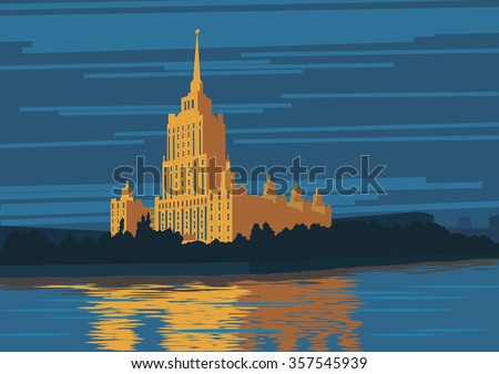 Vector illustration. Poster. Stalinist skyscraper, high-rise building, empire, landmark, night Moscow. Cartoon style.