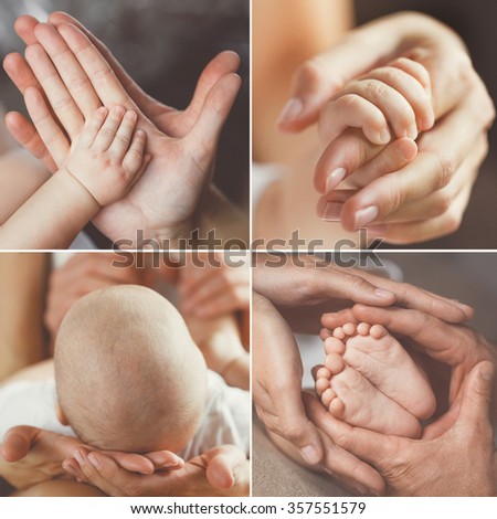 Close-up of baby's hands and feet collage. Mother holding baby. Baby's feet. collage newborn. baby in mom's hands. Mother and baby. Collage. Four pictures. Series. Mother kissing baby