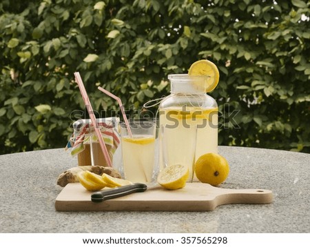 Detailed Picture of all ingredients necessary to cook a homemade lemonade consist from water, lemon, ginger and glass of honey. Pitcher, chopping board, kitchen knife, lemon slices, glasses with straw