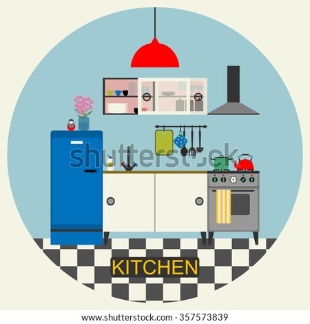 Kitchen with furniture.Vector flat illustration