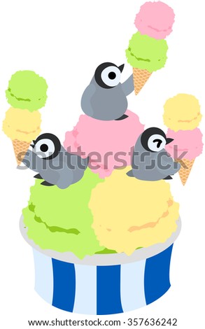Baby penguins which eat ice creams of the melon taste, vanilla taste, strawberry taste.