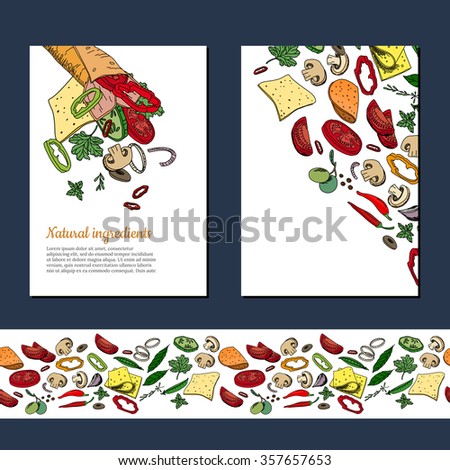 Template with ingredients for doner kebab wrap. Seamless horizontal pattern brush with vegetables. For your design, announcements, cards, posters, restaurant and cafe menu.