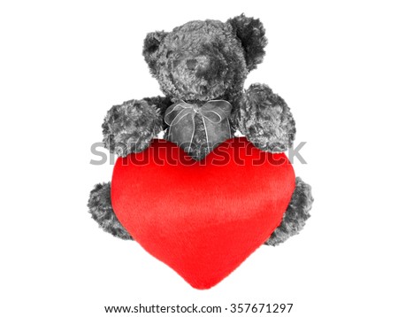 Lonely teddy bear in black & white holding big red heart isolated on white background