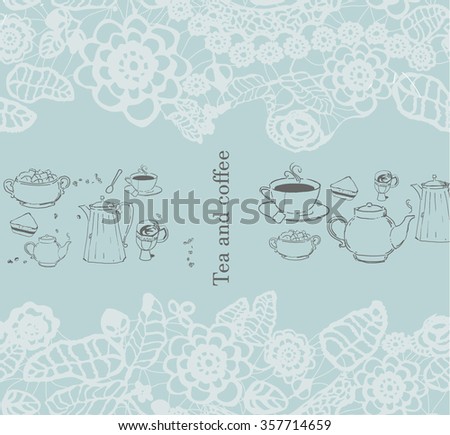 Tea and coffee background with lace frame. Vector illustration. EPS 10