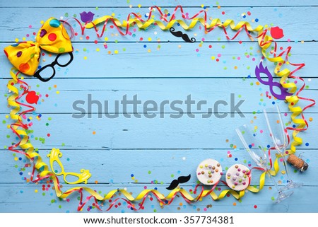 Colorful carnival background with party accessory, streamers, confetti, ribbon, doughnuts and champagne glasses
