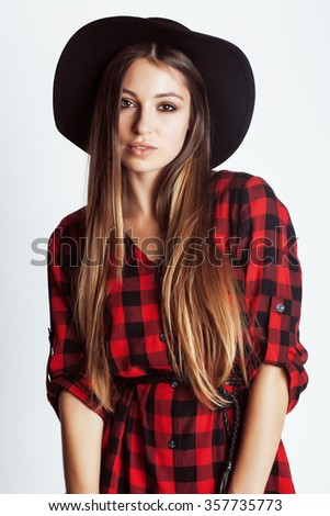 young pretty brunette girl hipster in hat on white background casual close up dreaming smiling. real american woman