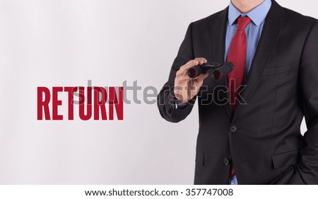 RETURN text on white background with businessman holding binoculars
