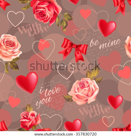 Seamless romantic pattern with roses, scripts and heart shapes. Vector illustration.
