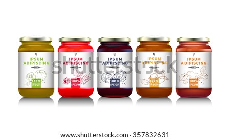 Glass jar with with jam, configure or honey. Vector illustration. Packaging collection. Label for jam. Bank realistic. Mock up  mason jar with design label or badges Royalty-Free Stock Photo #357832631