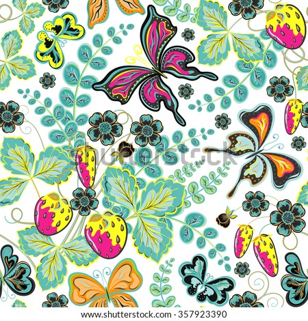Seamless berries, flowers and butterflies. Hand-drawing  illustration.