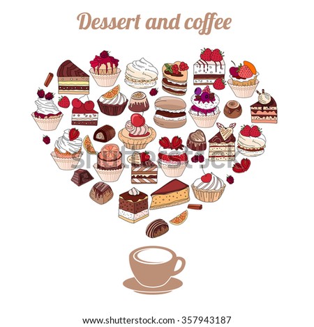 Symbol Heart made of different desserts. Cake, muffin, macaroon, pie, candy. For your design, announcements, postcards, posters, restaurant menu.