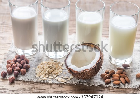 Different types of non-dairy milk Royalty-Free Stock Photo #357947024