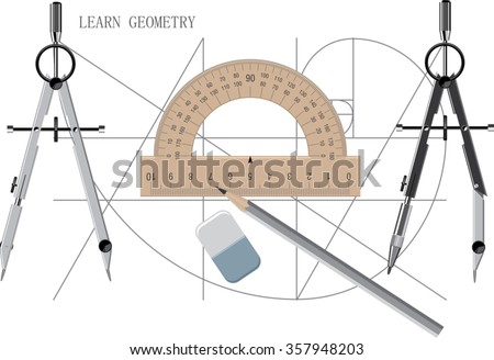 Geometrical background with the drawing of proportions of a golden ratio, caliper, compass and a protractor