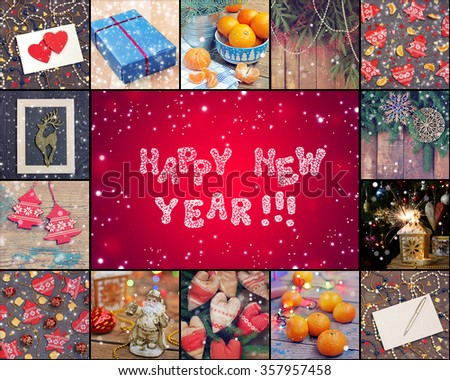Collage from fragments of New Year's pictures. New Year's congratulation: the flying snow flakes on a pink background with a gradient developing in the phrase "Happy New year!". 