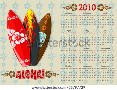 European Aloha vector calendar with surf boards, starting from Mondays