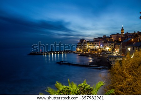 View of city of Bogliasco by night, Genoa province, ligurian coast, Italy. 