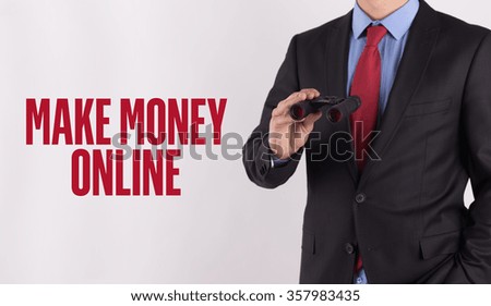 MAKE MONEY ONLINE text on white background with businessman holding binoculars
