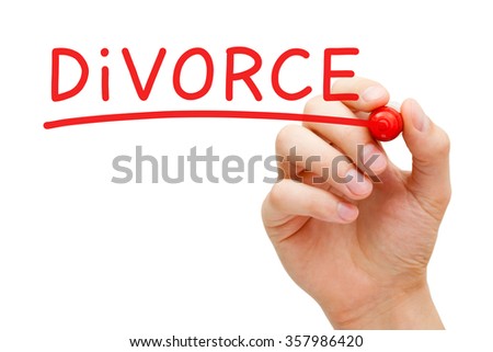 Hand writing Divorce with red marker on transparent wipe board.