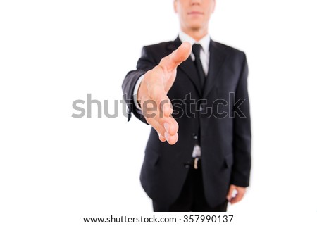 Close-up of man with outstreched hand on the white background