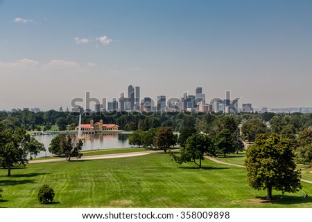 View of the Denver skyline across green park