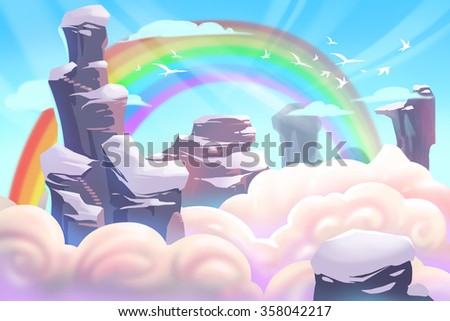 Illustration: Mountain Top with Clouds and Rainbow. Realistic Fantastic Cartoon Style Artwork Scene, Wallpaper, Story Background, Card Design
