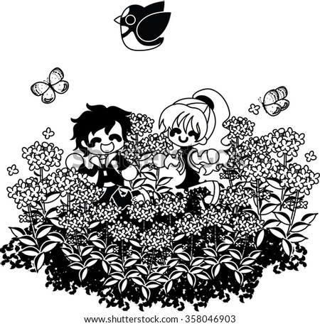 The couple who runs in the flower garden of the colza happily.