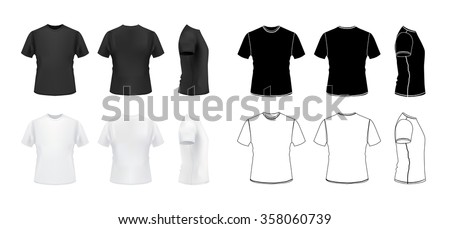T-shirt mockup set, 3d realistic and outline styles, front, side, back views, vector eps10 illustration isolated on white background