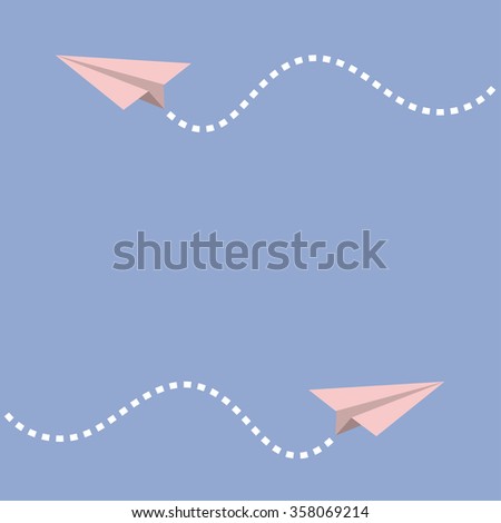 Two origami paper plane. Dash line in the sky. Frame. Love card. Flat design. Serenity, pink rose quartz color. Vector illustration