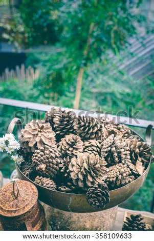 Old lamp and pine cones for winter concept