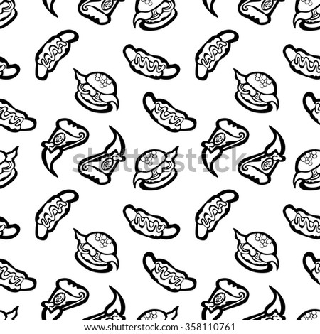 Fast food. Hamburger, hot dog, sandwich and pizza slice. Vector seamless pattern (background). Hand-drawn illustration. Seamless background with various fast food. hot dog, hamburger, pizza slice.