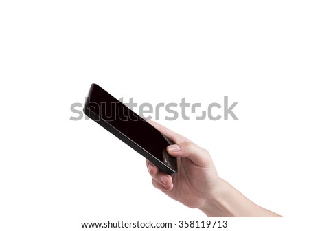 Female hand and mobile phone isolated on white background.
